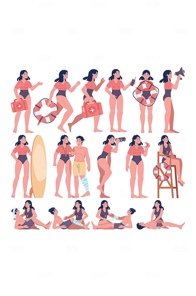 沙滩游泳矢量人插画元素