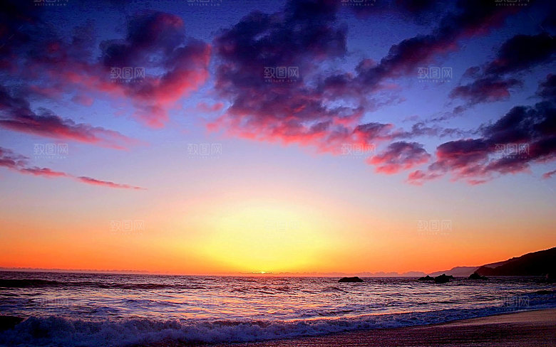 大海天空海面海景夕阳朝霞黄昏落日晚霞 (