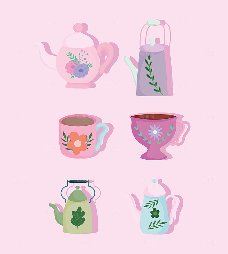 典雅下午茶咖啡杯茶壶矢量元素
