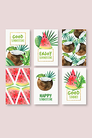 夏日椰子西瓜矢量卡片元素