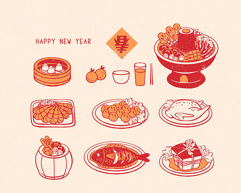 新年火锅矢量插画元素
