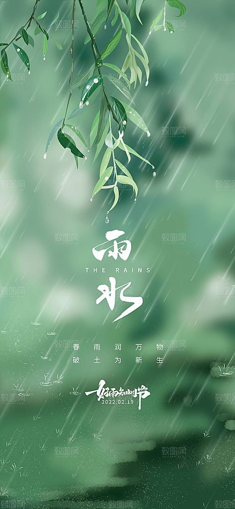 中国传统节气雨水简约手机海报