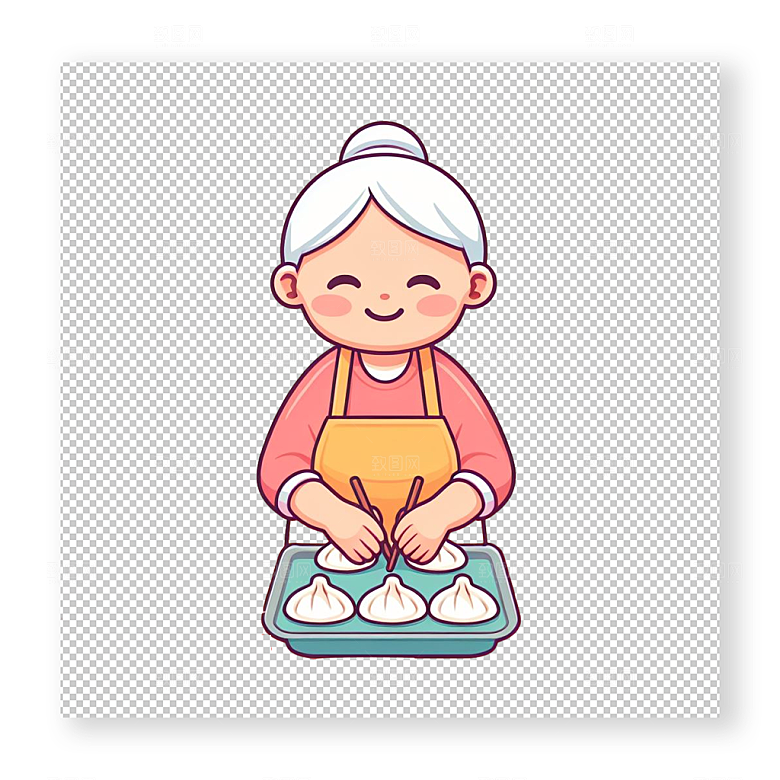 老奶奶捏饺子卡通插画