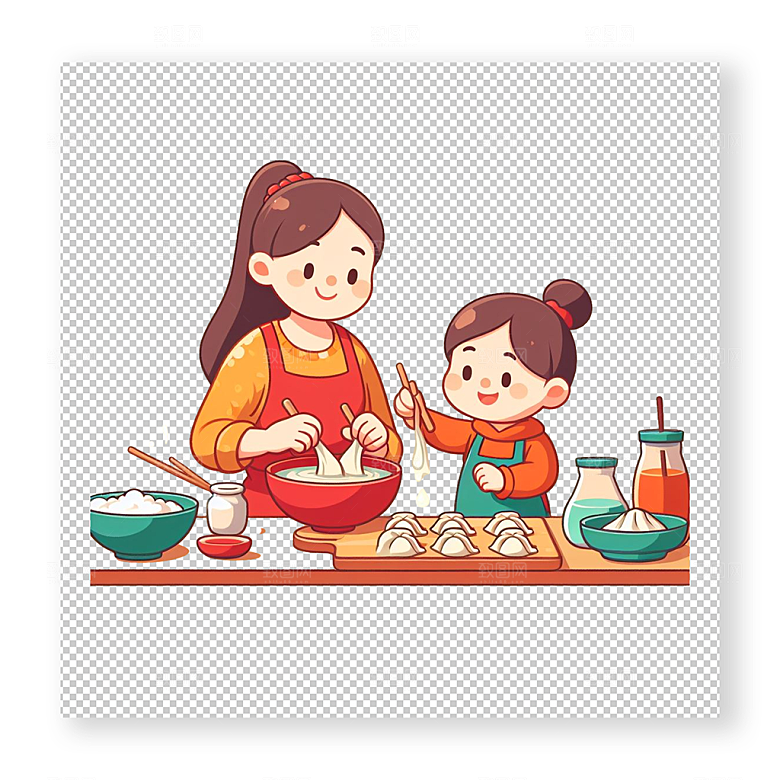 家庭捏饺子插画设计