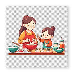家庭捏饺子插画设计