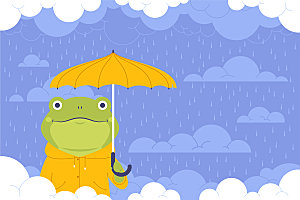 下雨天打雨伞的小青蛙矢量插画元素