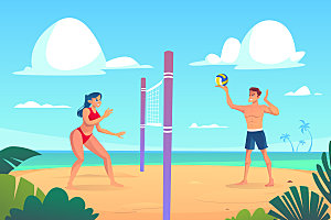 夏日沙滩排球矢量插画