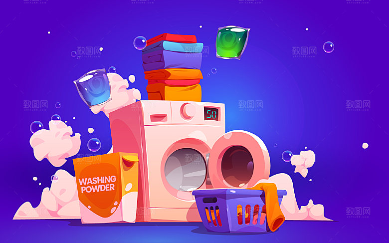 清洁洗衣服卡通banner