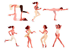 时尚美女瑜伽跑步跳舞矢量元素
