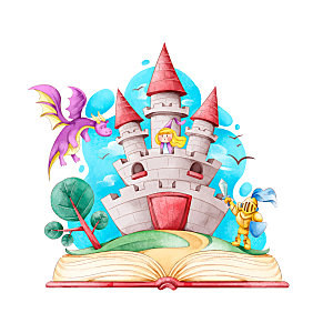 卡通城堡与飞龙童话故事矢量元素