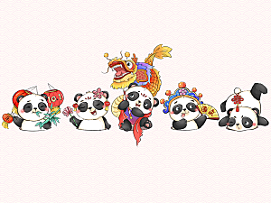 卡通聚龙手绘熊猫