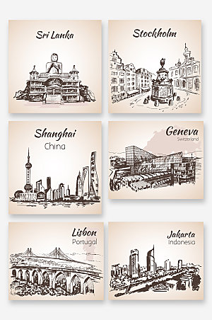 手绘素描著名城市矢量插画