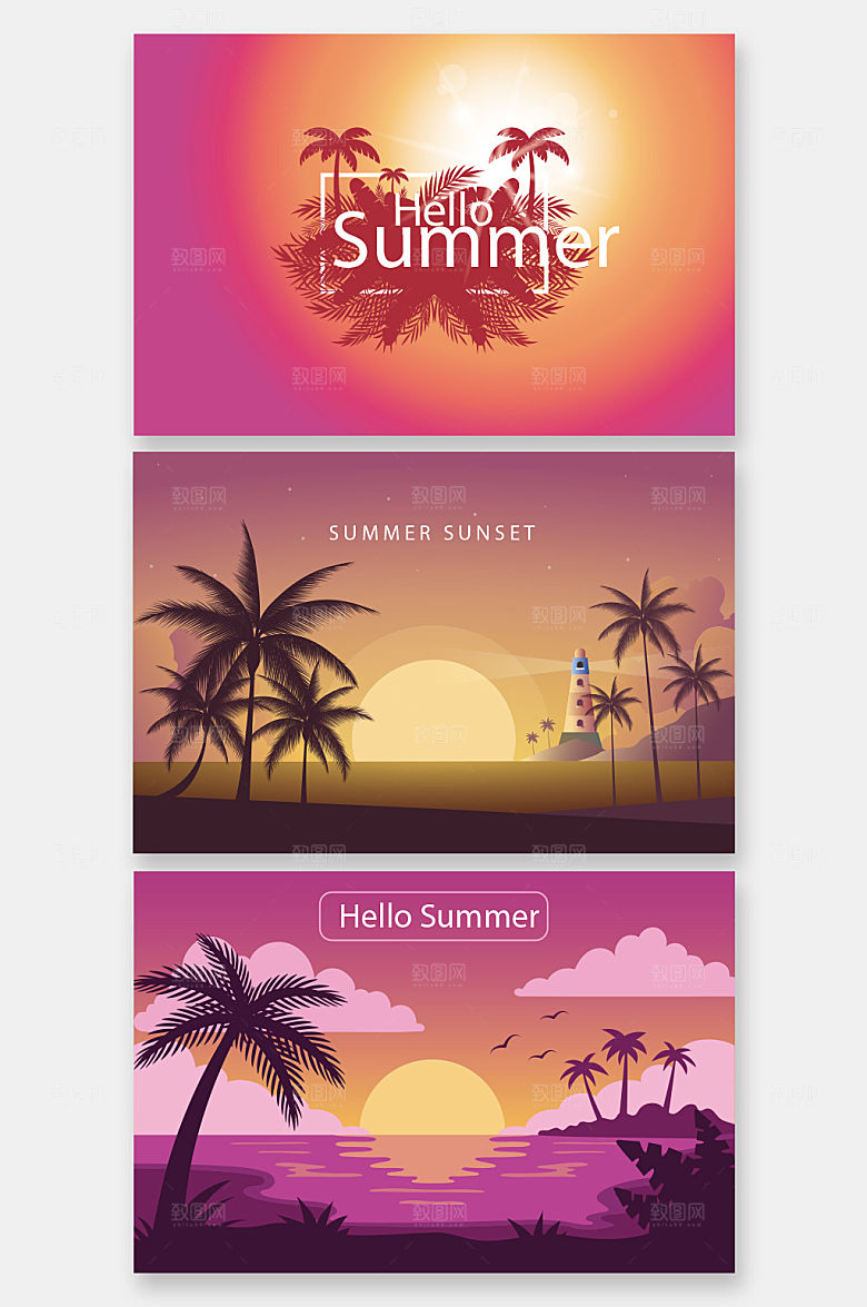 热带海边夕阳矢量banner
