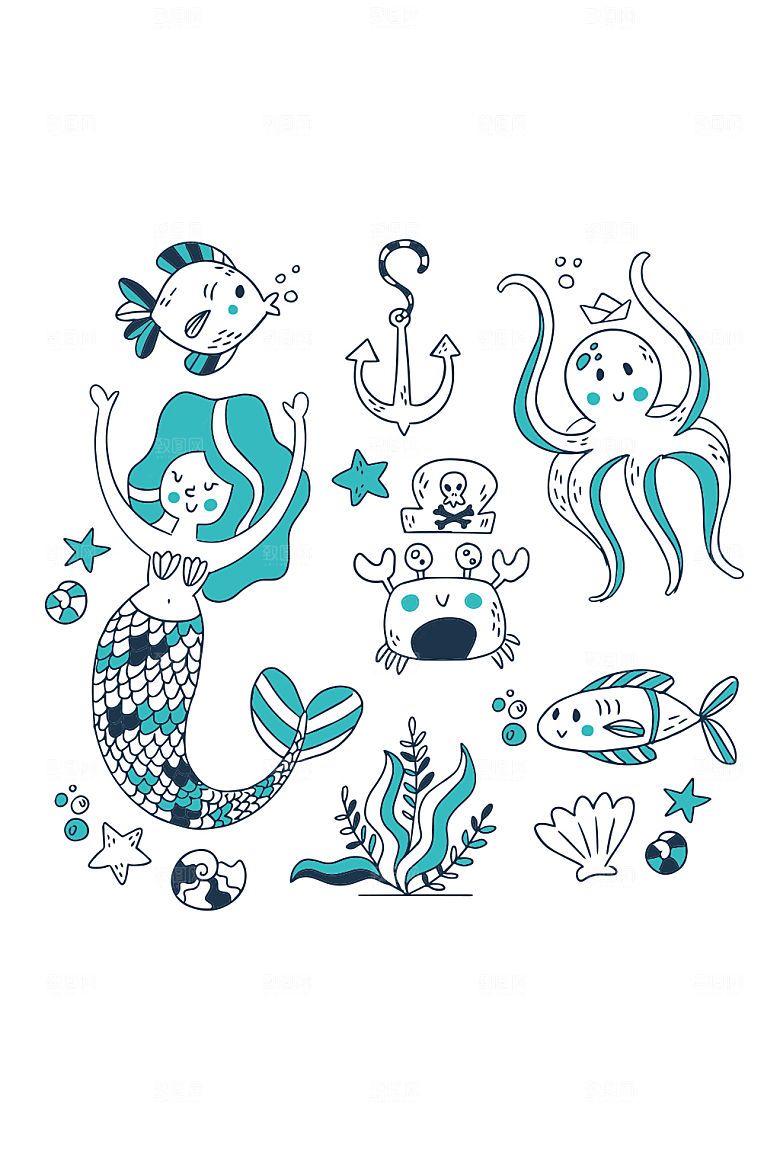 美人鱼海洋生物矢量插画