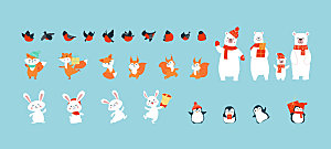 卡通动物白熊狐狸企鹅兔子喜鹊矢量元素