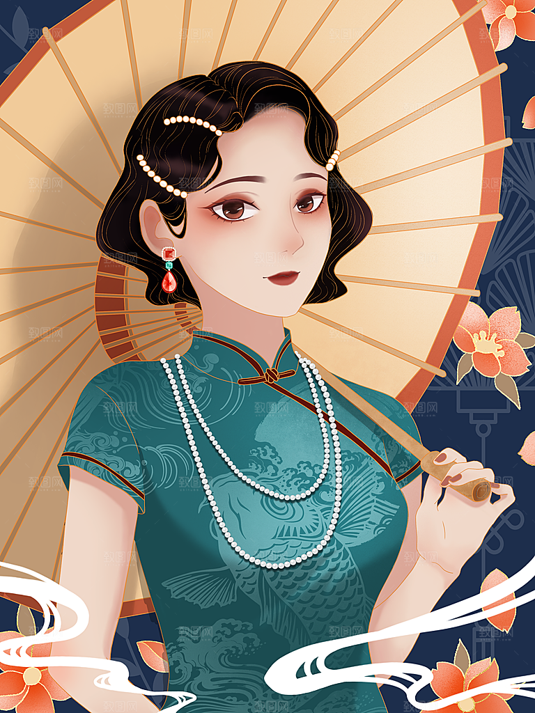 民国旗袍美女少女插画