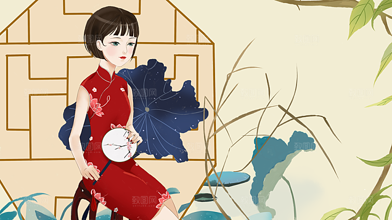 民国旗袍美女少女插画