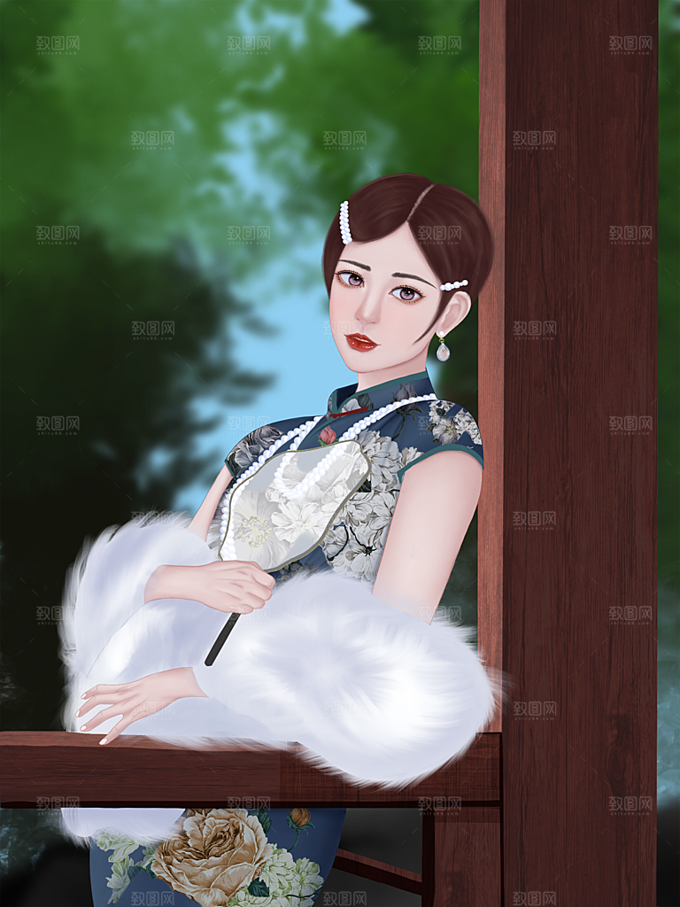 民国旗袍美女少女插画