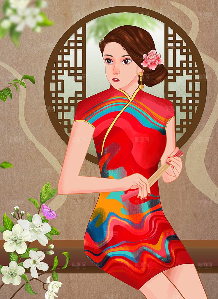 民国旗袍美女少女插画