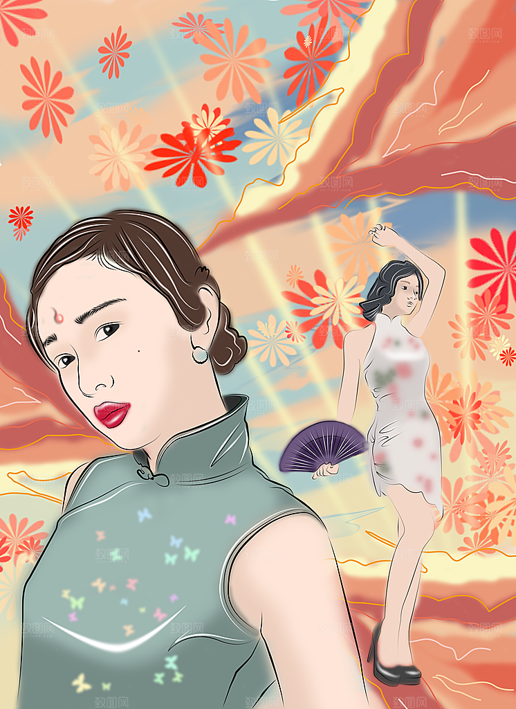 民国旗袍美女少女插画