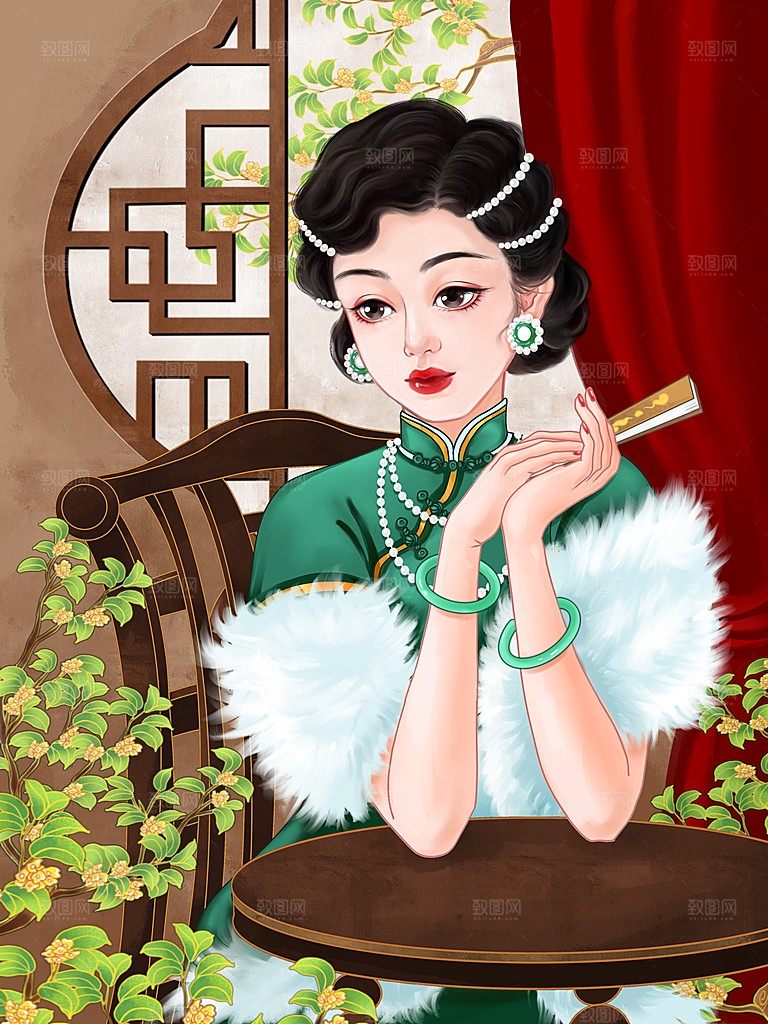 民国旗袍美女少女插画