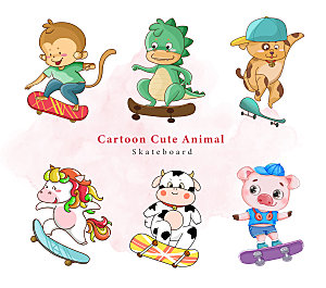 卡通动物滑滑板矢量插画