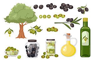 橄榄油与橄榄树矢量元素