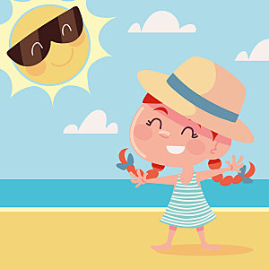 夏日海滩小女孩矢量卡通插画元素