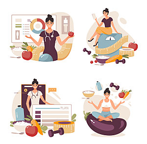 女性健康饮食矢量插画元素