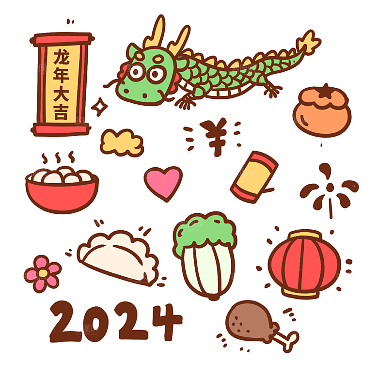 2024年龙年新春新年过年贴纸卡通福字