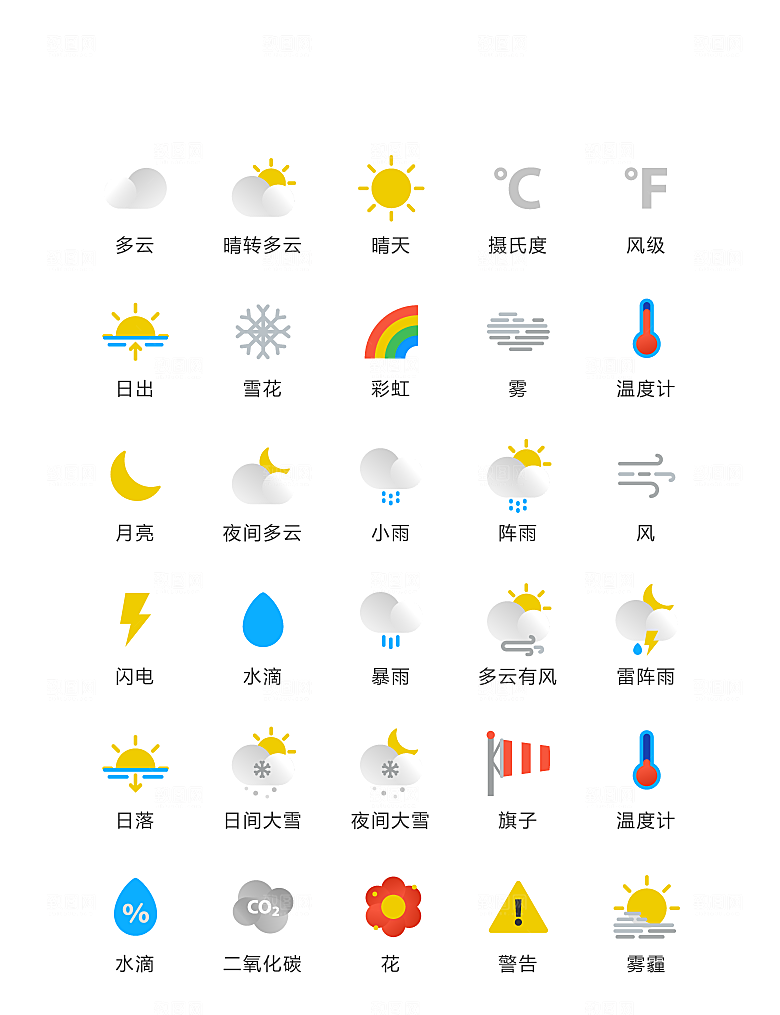 扁平化天气类常用矢量icon图标