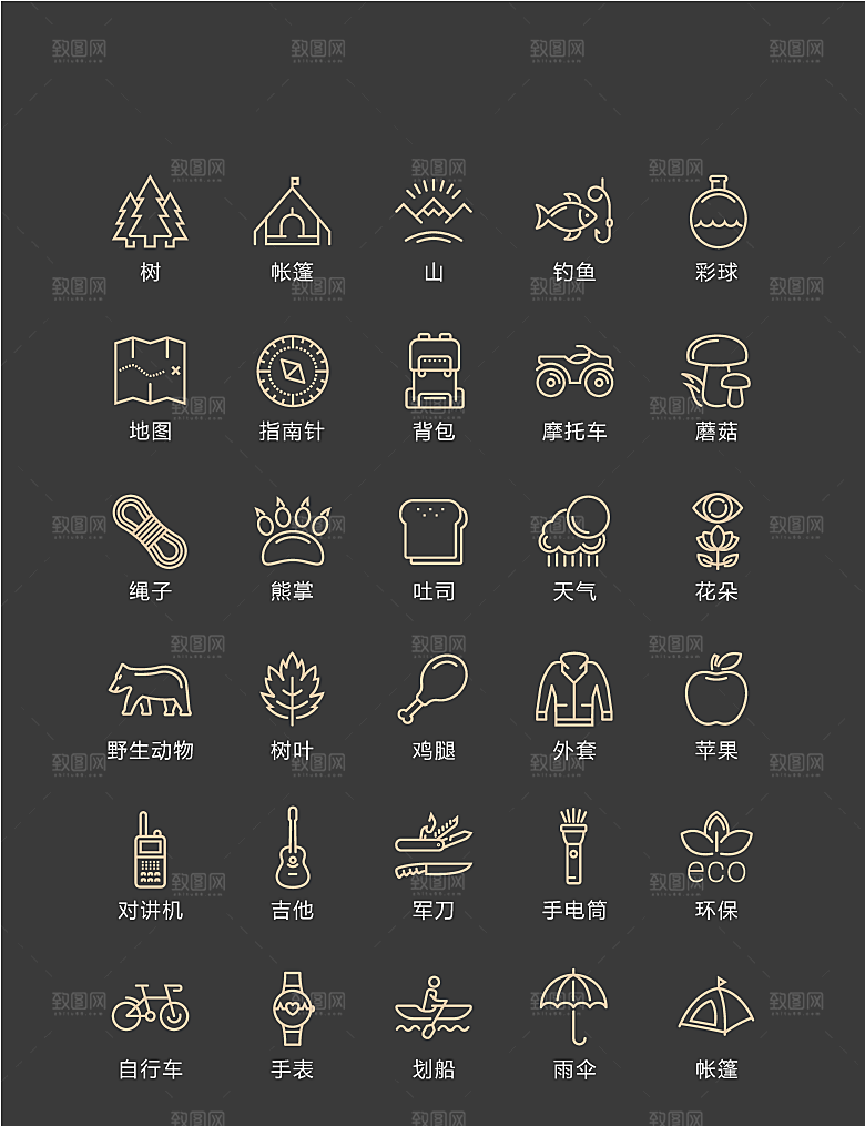 金色线性野营度假图标