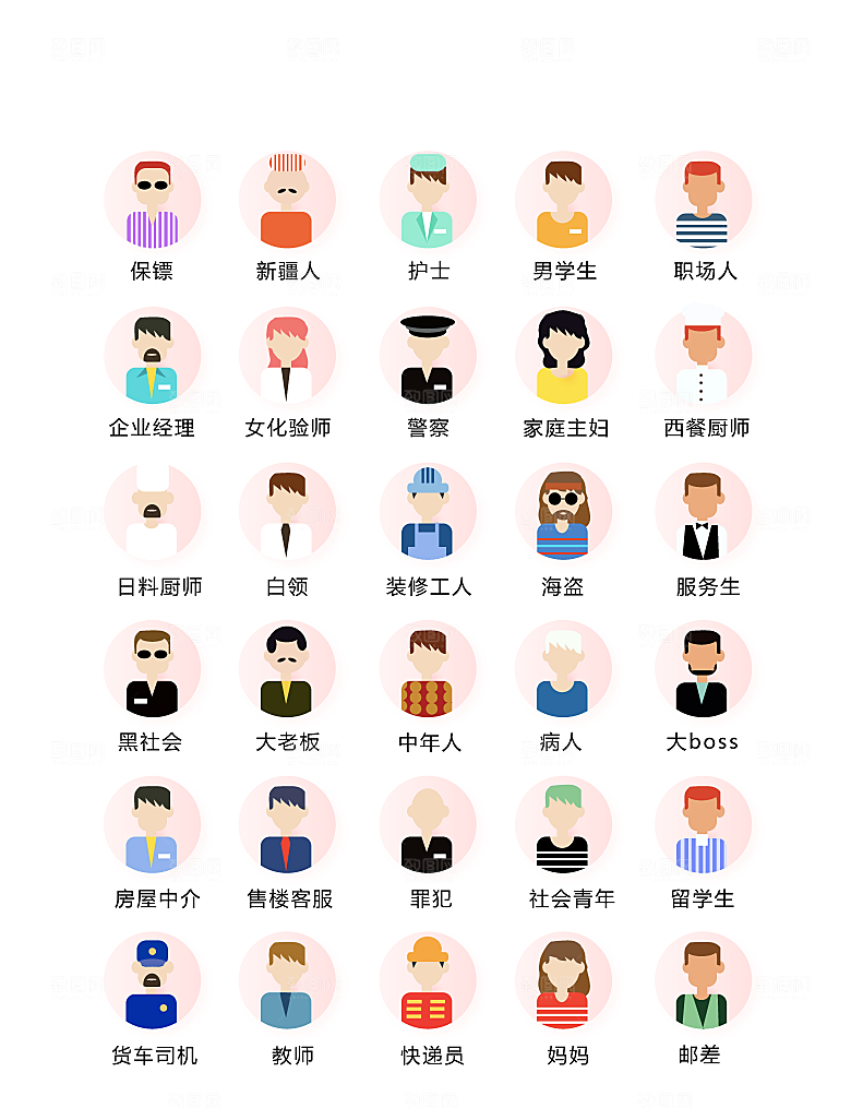 扁平风各类人物头像矢量icon