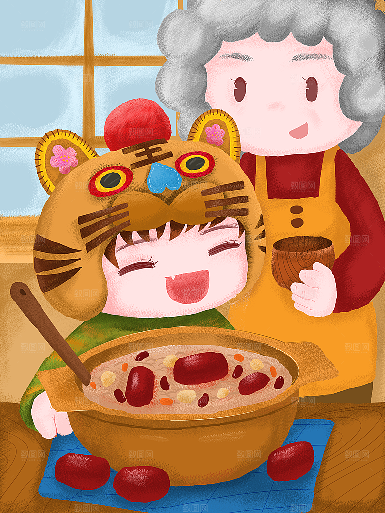 手绘腊八节腊八粥插画