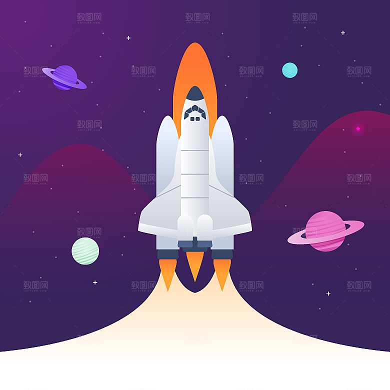 卡通宇宙太空火箭插画