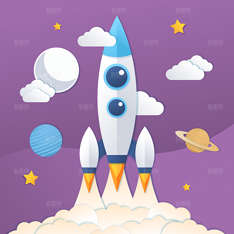 卡通宇宙太空火箭插画