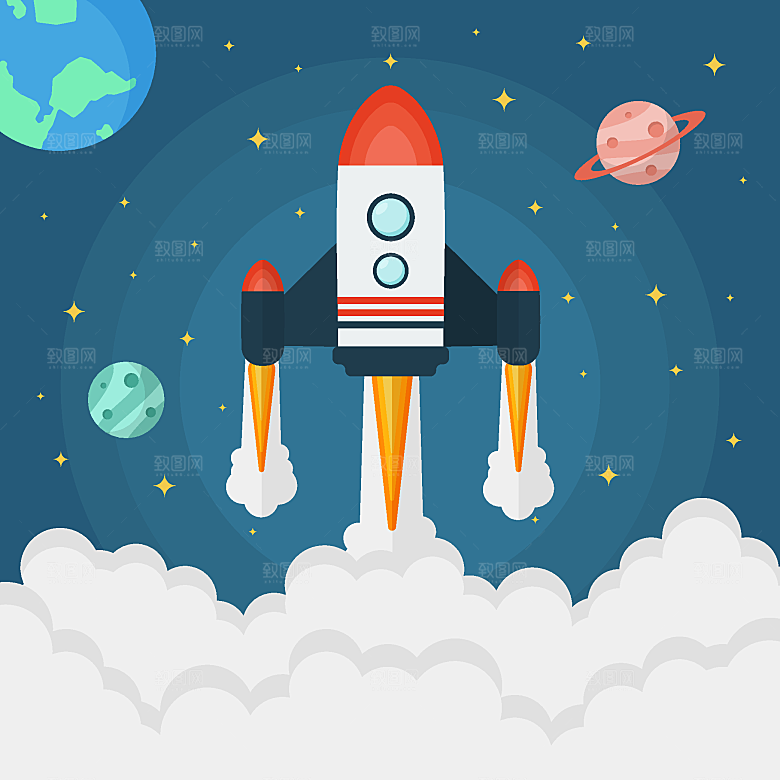 卡通宇宙太空火箭插画