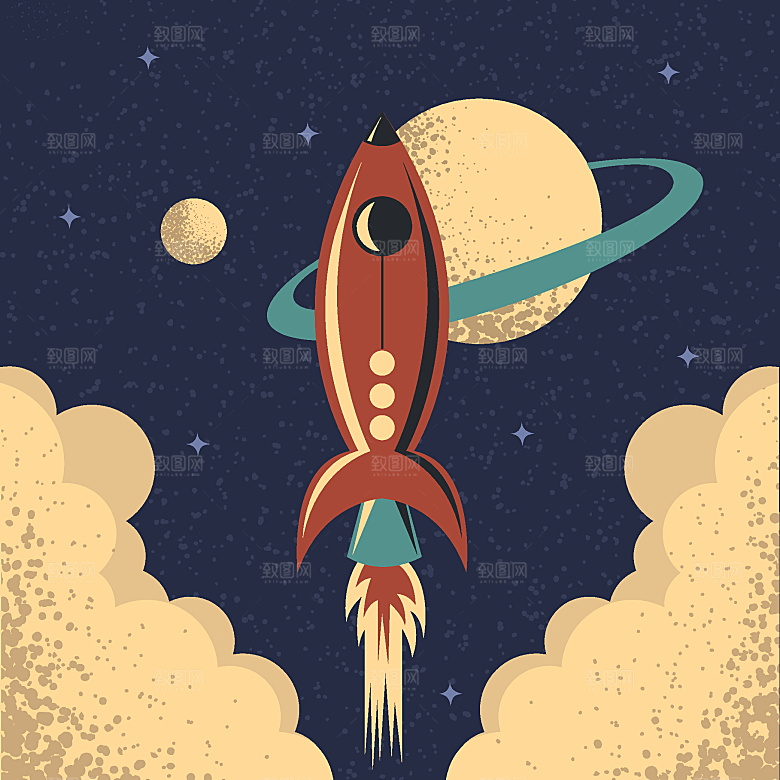 卡通宇宙太空火箭插画