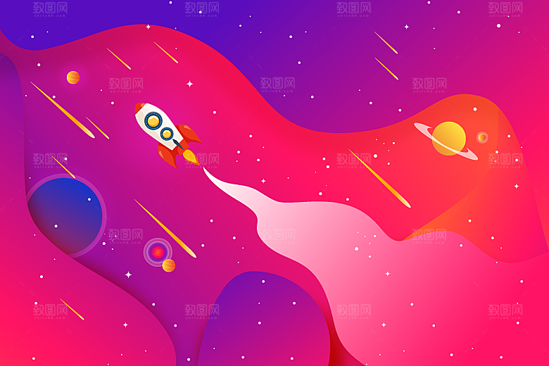 卡通宇宙太空火箭插画