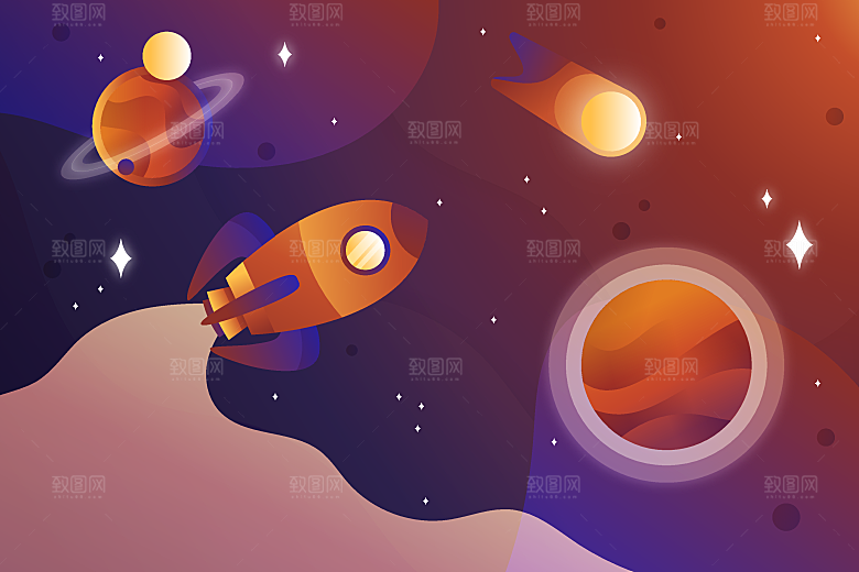 卡通宇宙火箭太空插画设计