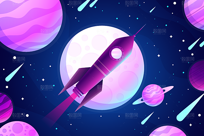 卡通宇宙火箭太空插画设计