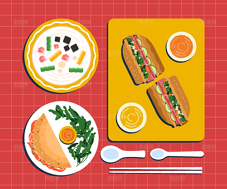 食物料理矢量插图