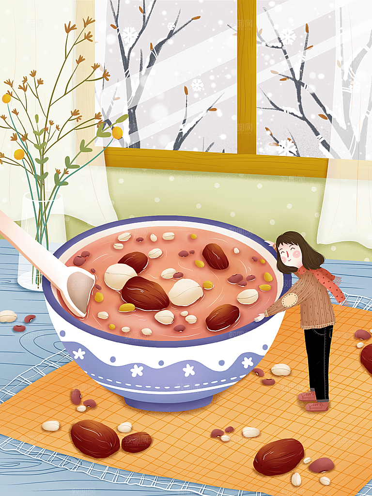 手绘腊八节腊八粥插画