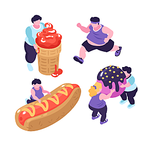 肥胖锻炼减肥吃甜点油炸食品插画