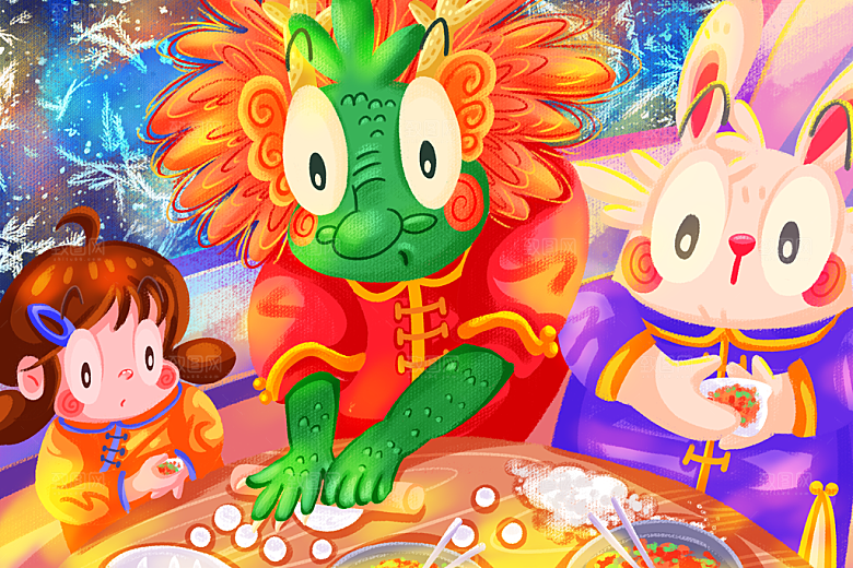 龙年新春卡通节日插画