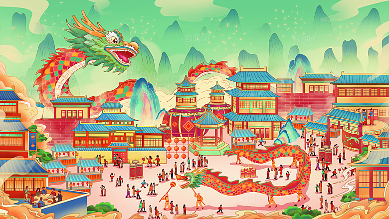 龙年新春卡通节日插画