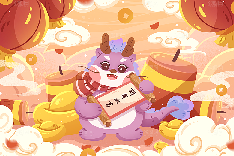 龙年新春卡通节日插画