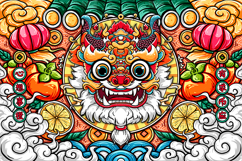 龙年新春卡通节日插画