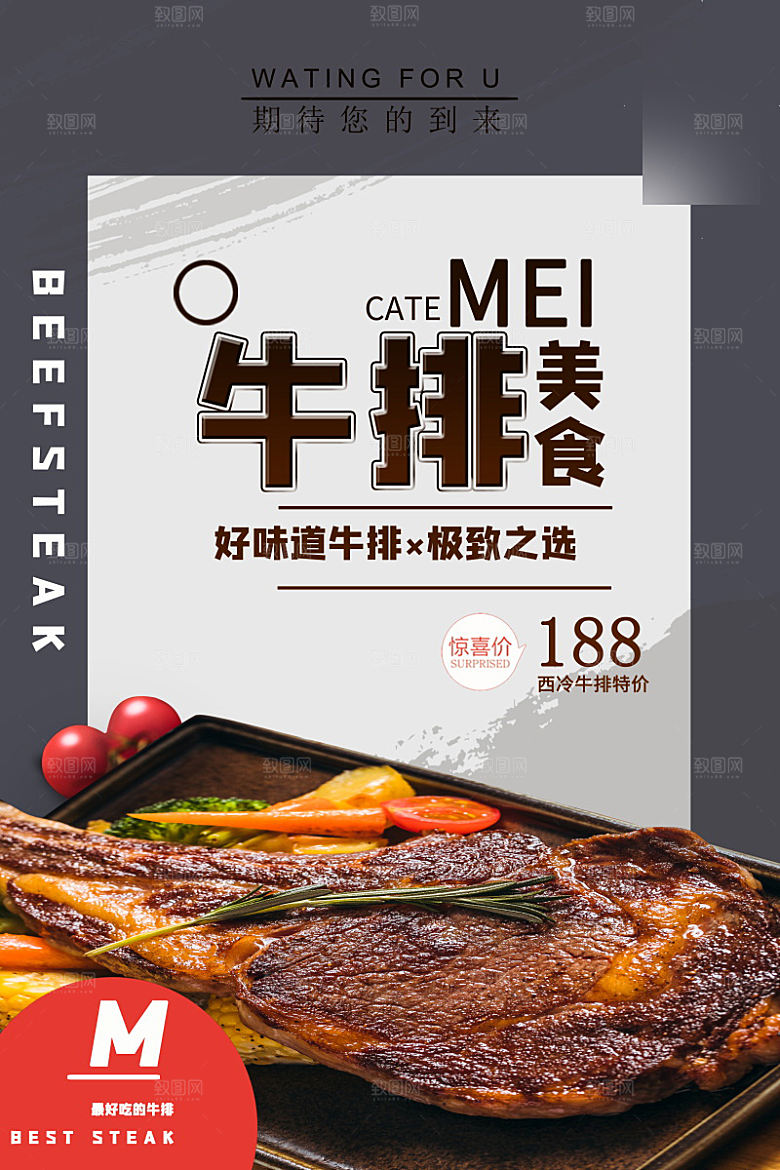 美味美食牛排介绍海报