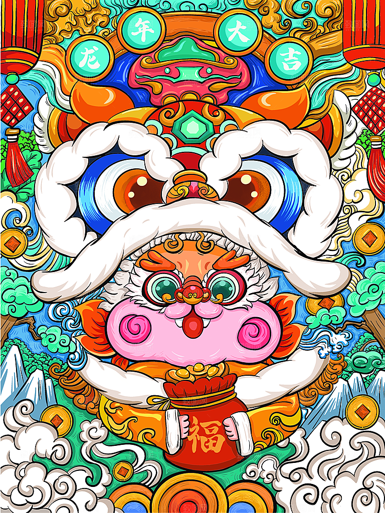 龙年新春卡通节日插画